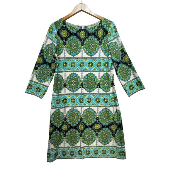 Maggy London Womens Geo Midi Shift Dress Size 12 Green Blue 3/4 Sleeve Work Boho - Picture 1 of 12